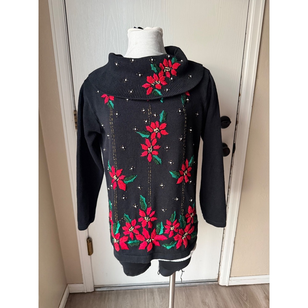 Victoria Jones Christmas Sweater Womens Large Black Poinsettia Beaded Cowl Neck